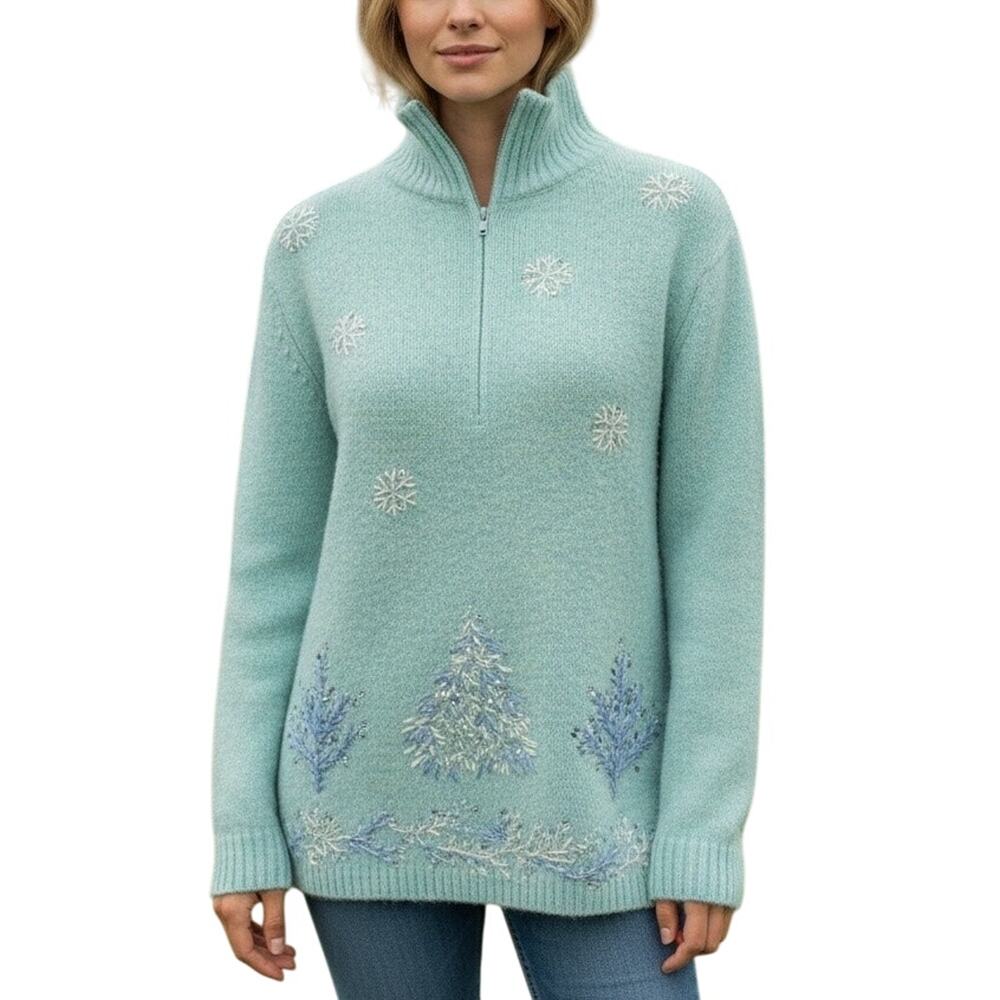 Vintage Talbots Sweater Womens M Blue Green Embroidered Beaded Christmas Holiday